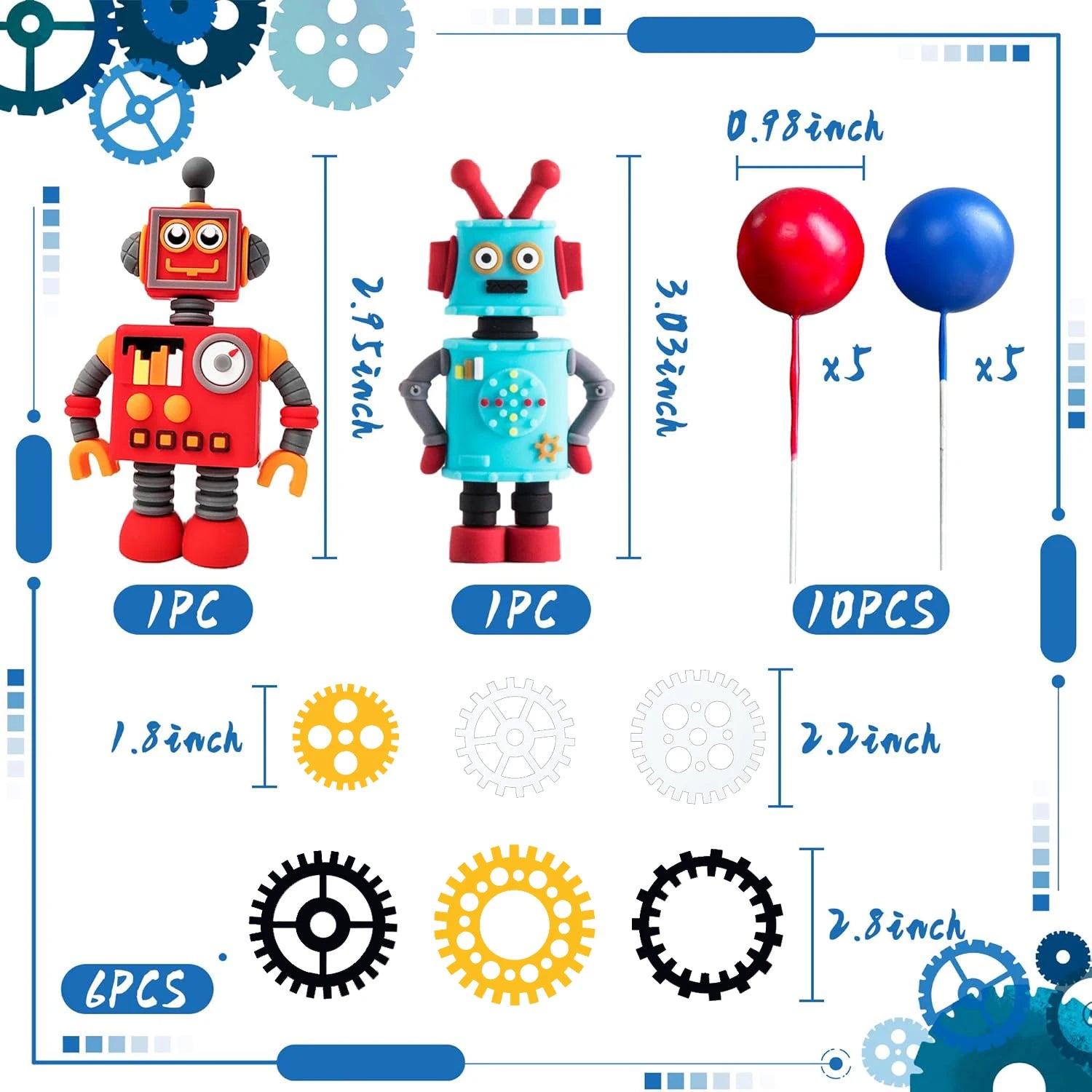 Robot Birthday Cake Toppers | 9 & 18 Piece Party Set
