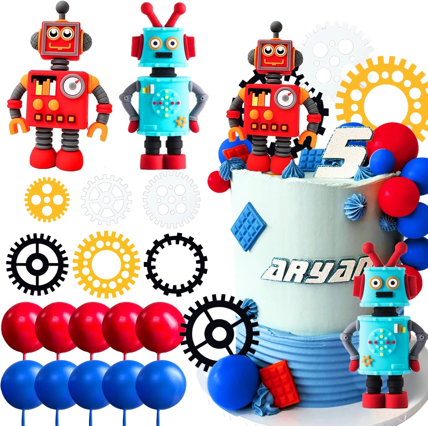 Robot Birthday Cake Toppers | 9 & 18 Piece Party Set